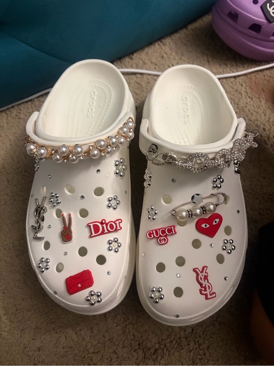 CROCS Shoes - CROCS White Embellished Pearl & Designer Charm Clogs